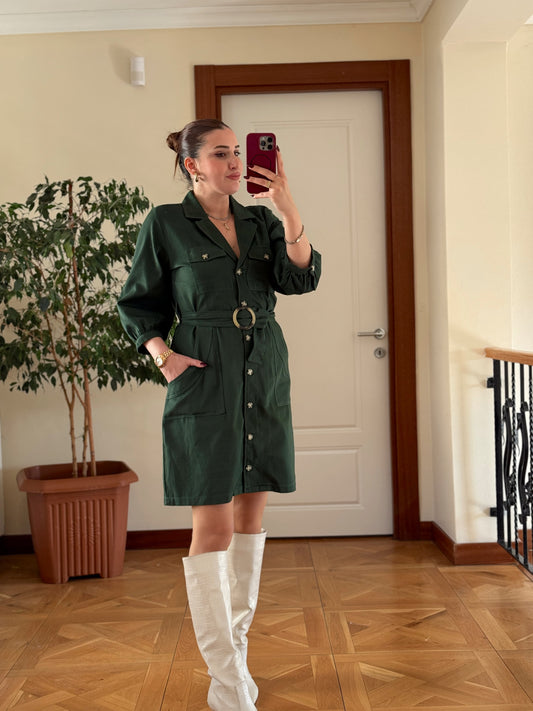 Kruvaze yaka cepli full düğme elbise-YEŞİL