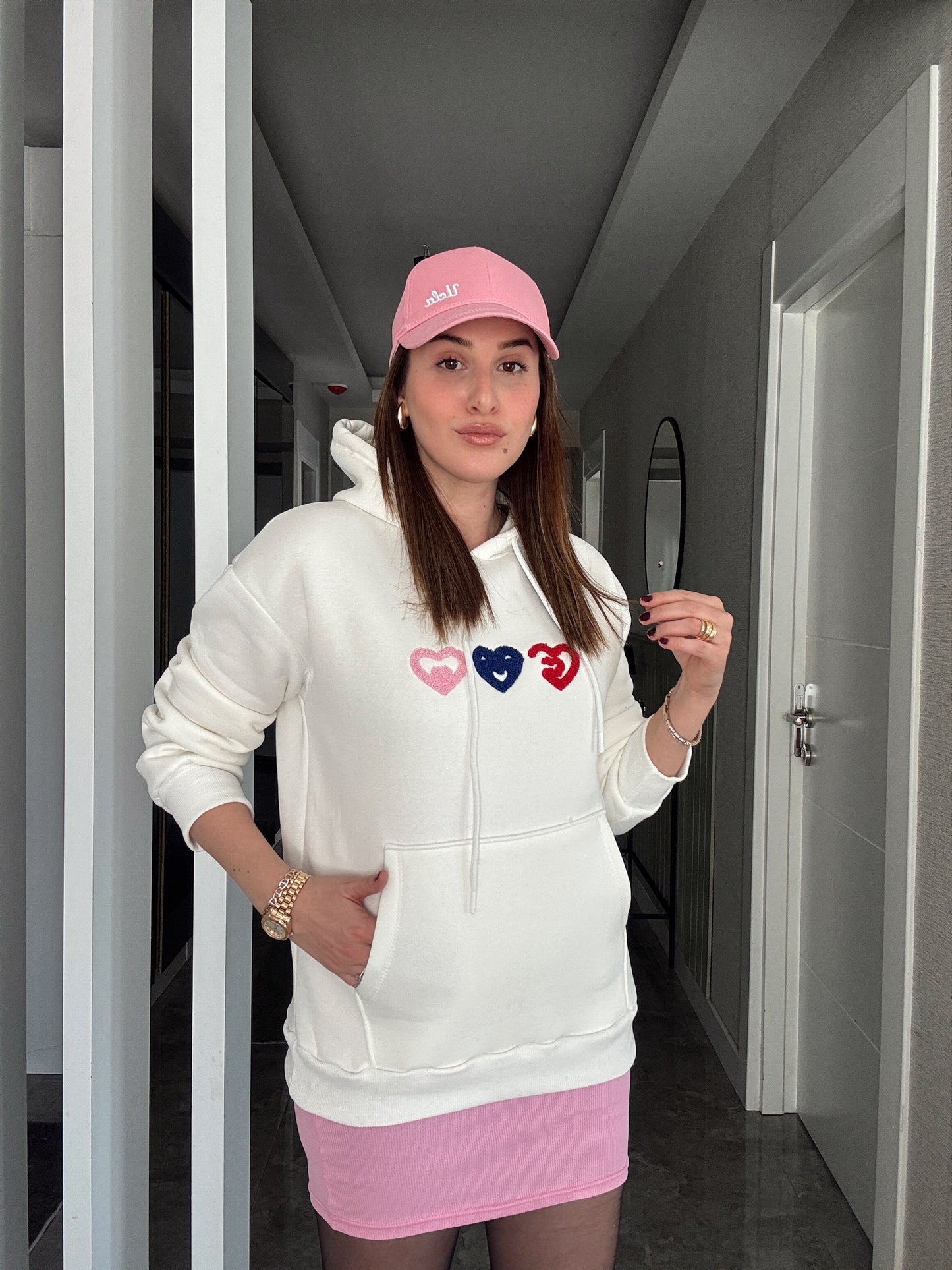 Kalp İşleme Kapüşonlu 3 İplik Sweatshirt - EKRU