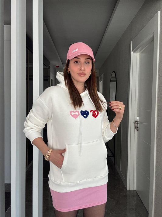 Kalp İşleme Kapüşonlu 3 İplik Sweatshirt - EKRU