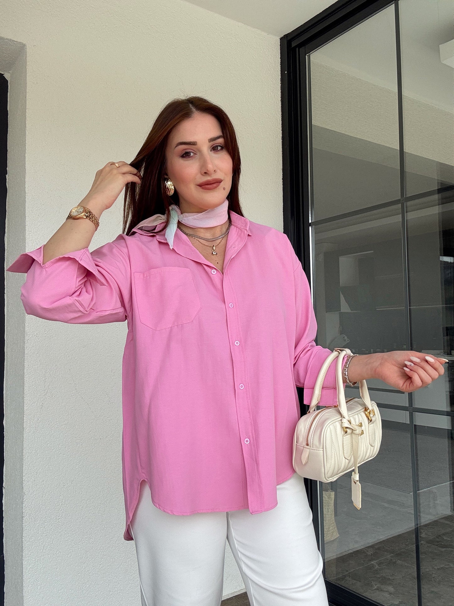 Uzun kol basic gömlek-PEMBE