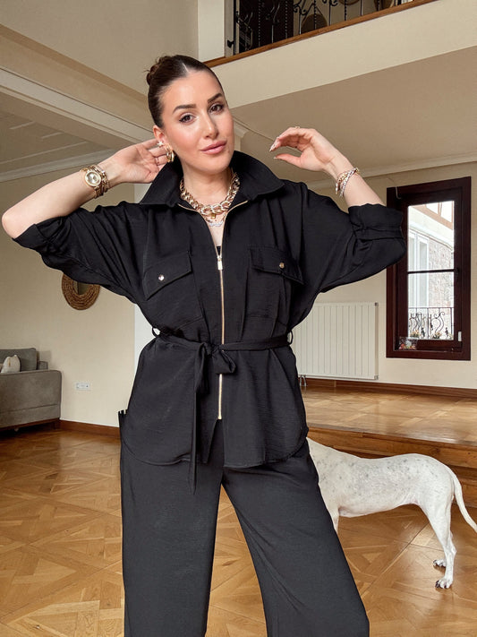 Tensel kumaş Gold Fermuarlı Kuşaklı Takım-SİYAH