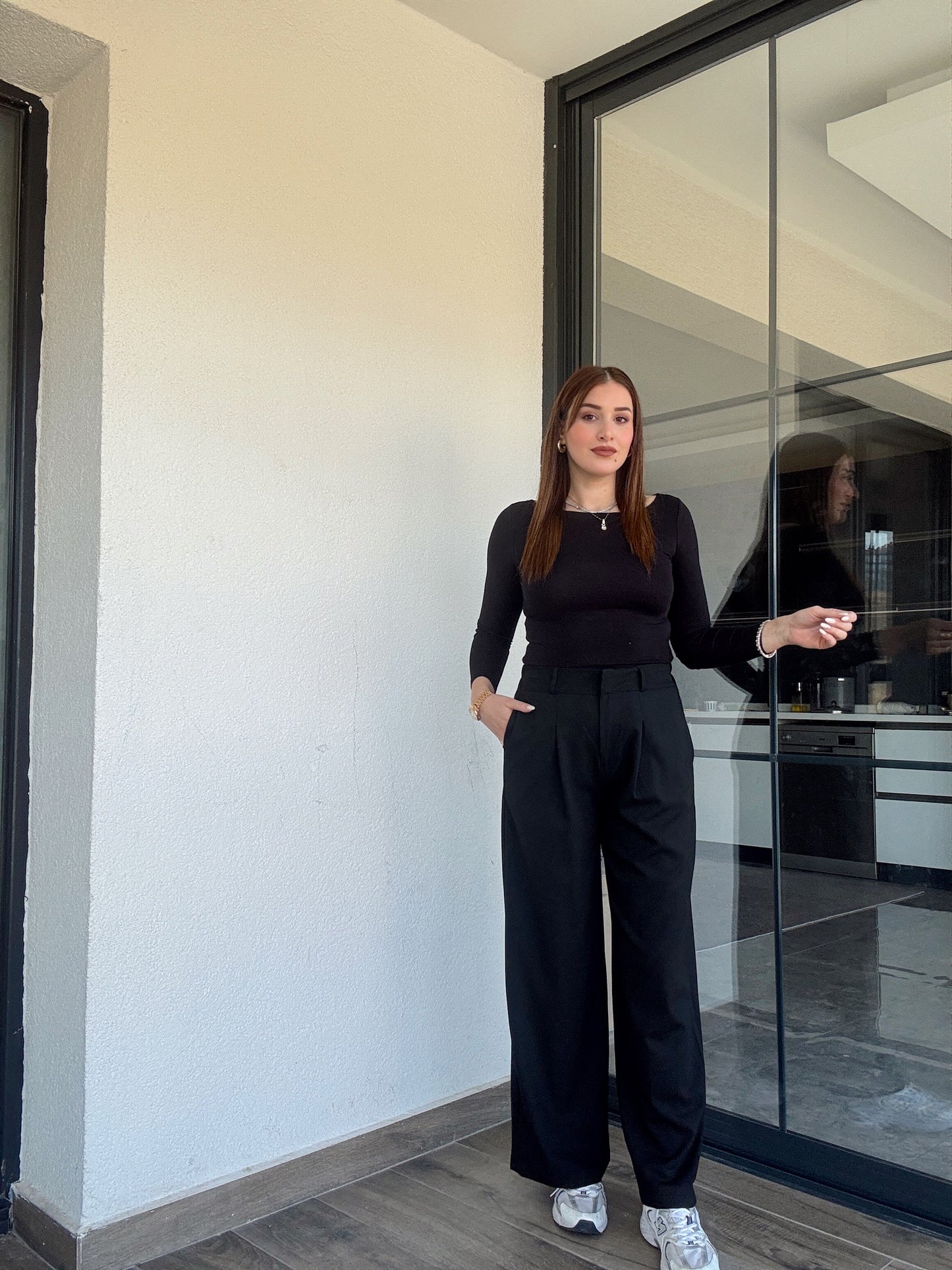 Çıtçıt detaylı palazzo pantolon-SİYAH