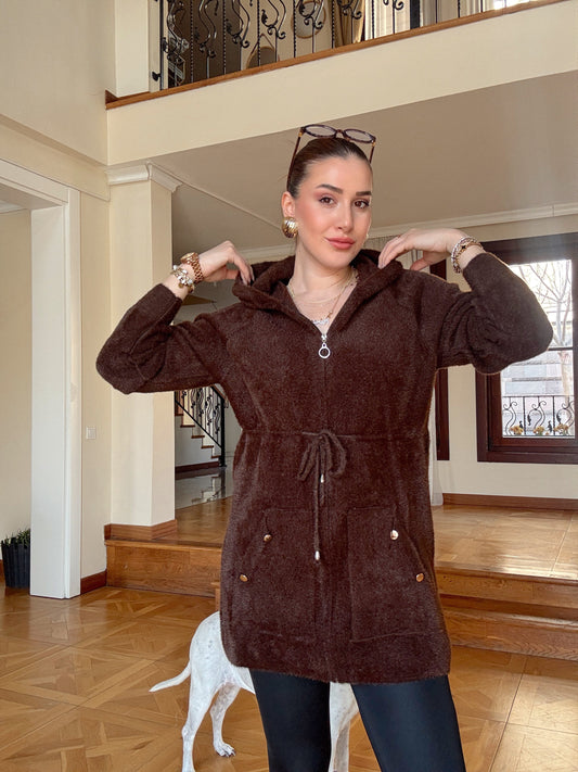 Fermuarlı kapşonlu sakal kumaş hırka-KAHVERENGİ