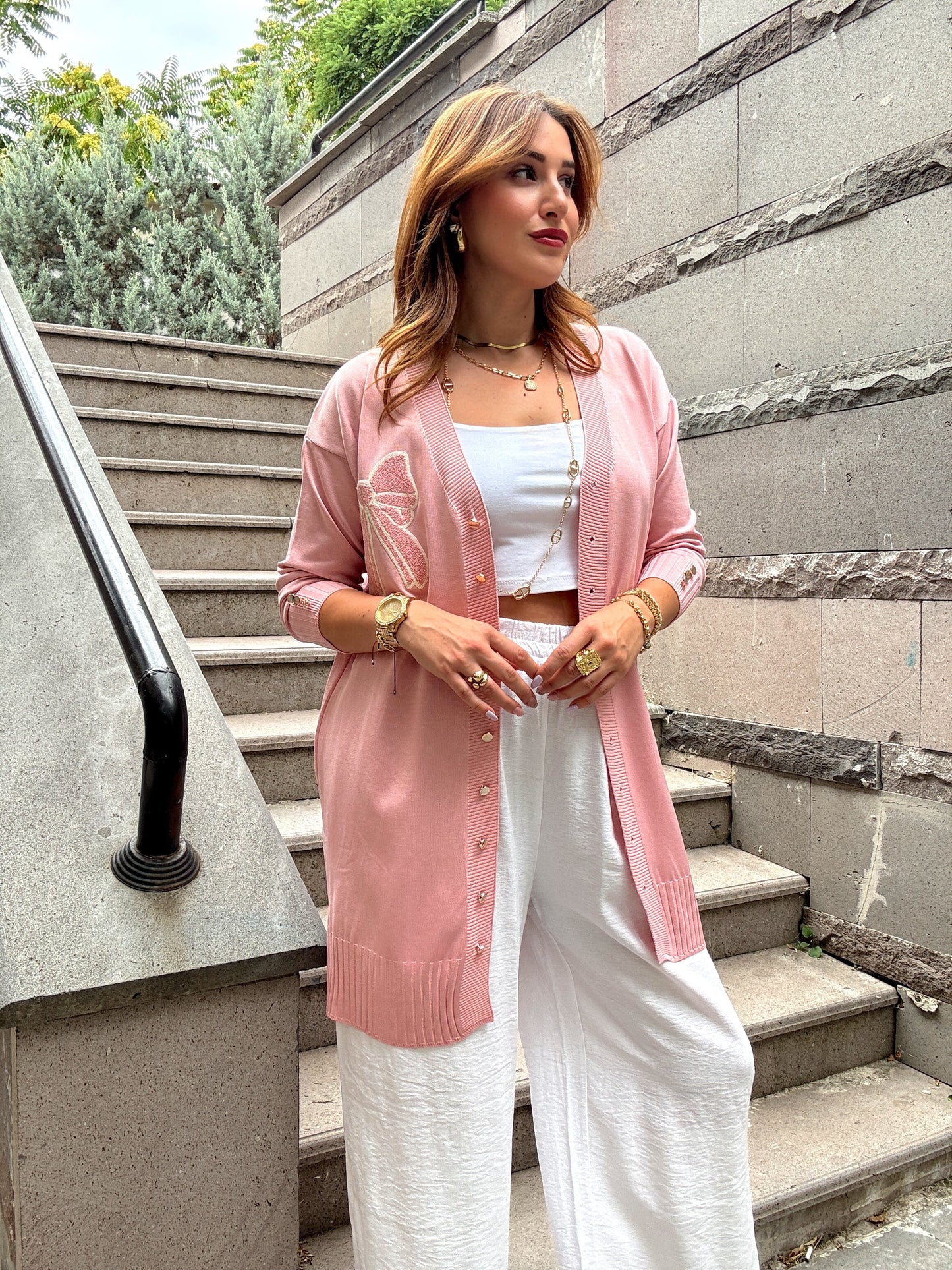 Kurdele detaylı kol düğmeli uzun hırka Pembe