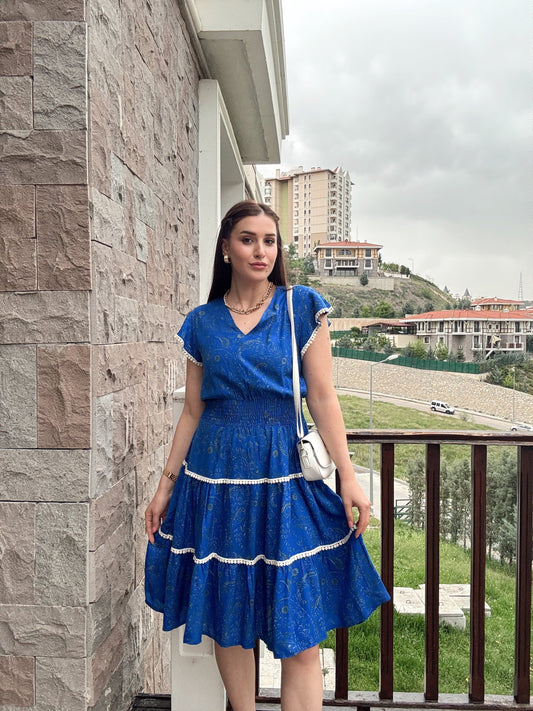 V yaka kol işleme detaylı elbise SAKS MAVİ