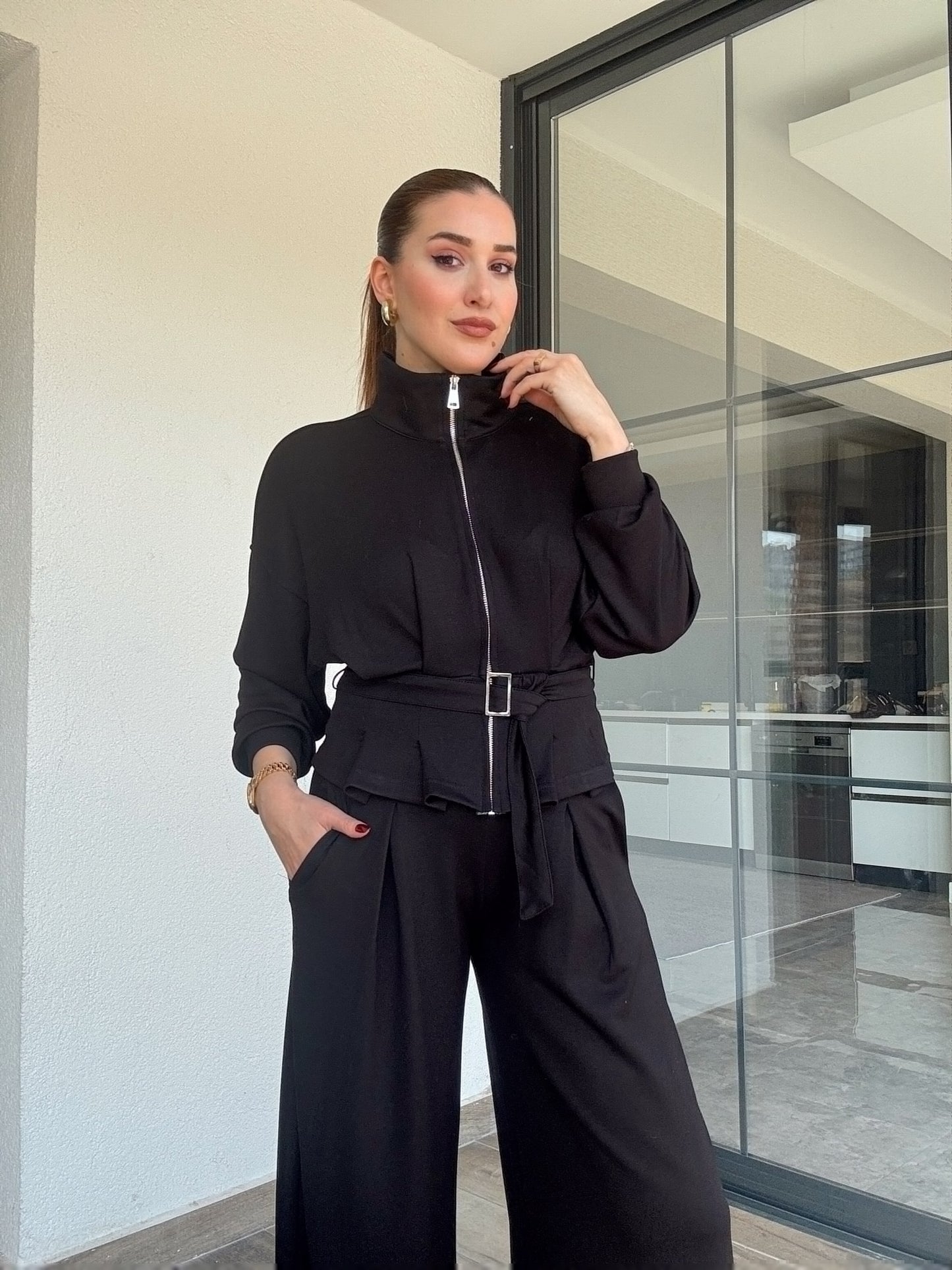 Modal kumaş dik yaka etek pileli ceket pantolon takım-SİYAH