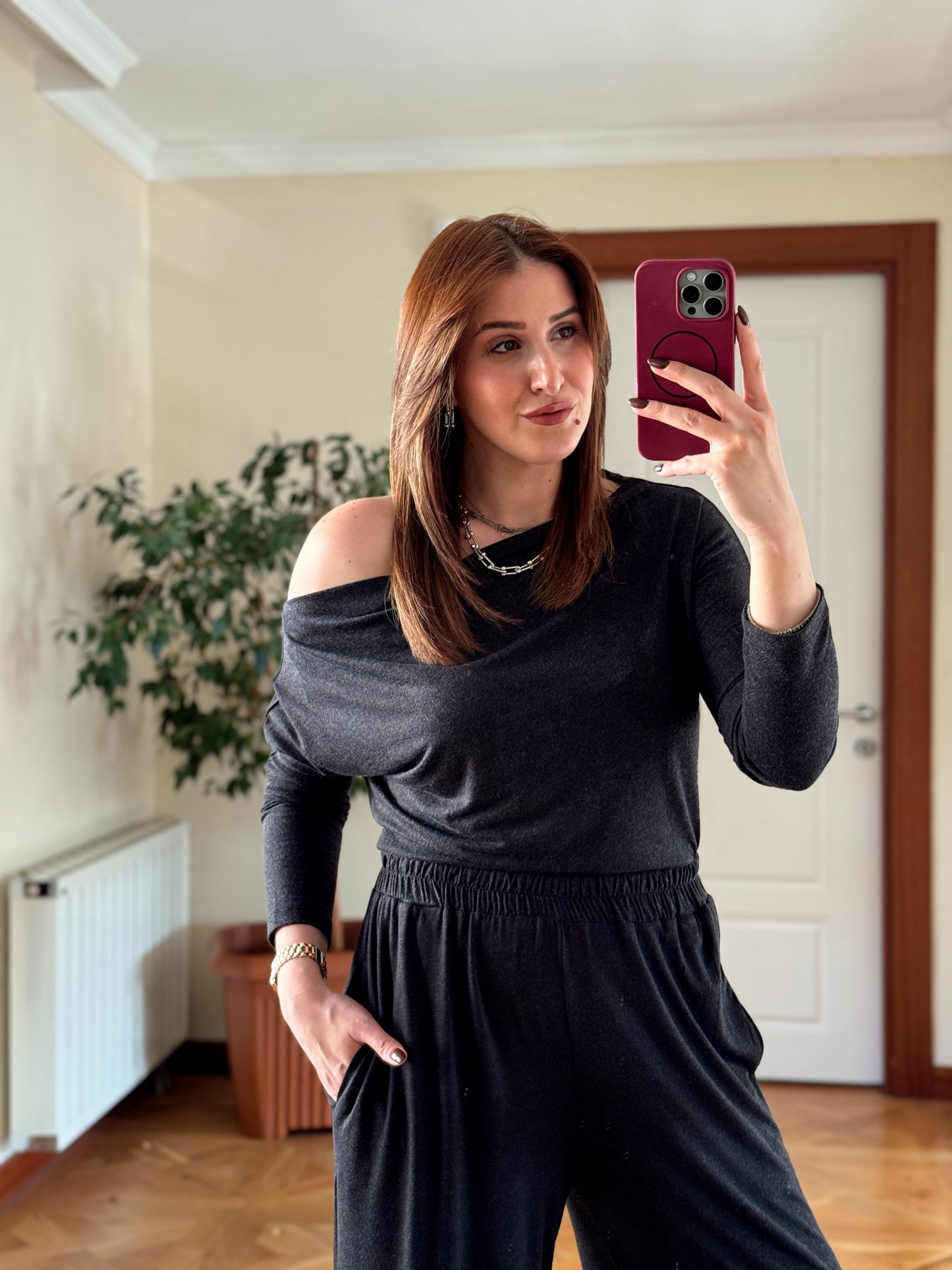 Yarasa kol cepli pantolonlu takım-FÜME