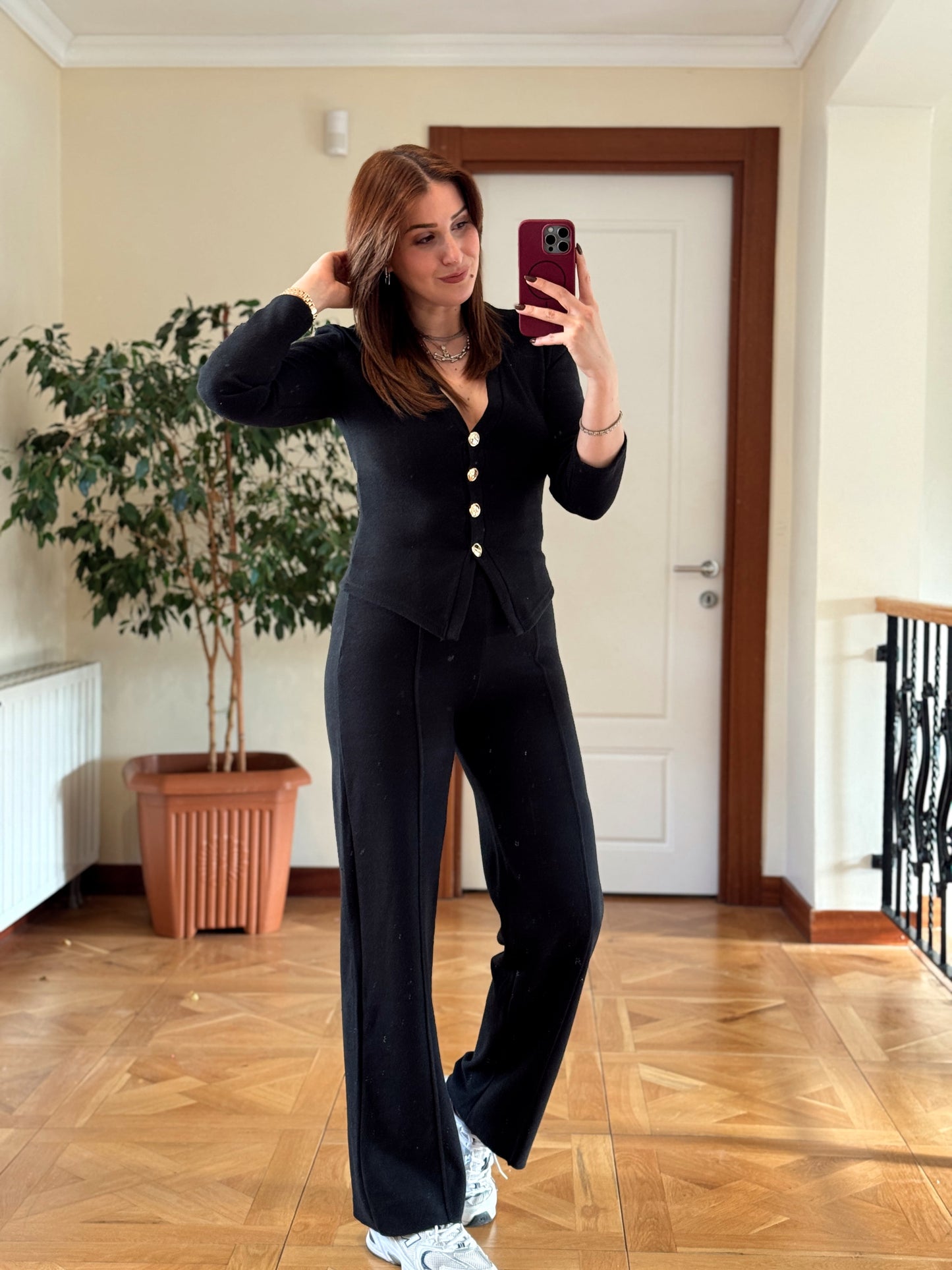 Selanik önü düğmeli ceket çimalı pantolon takım-SİYAH