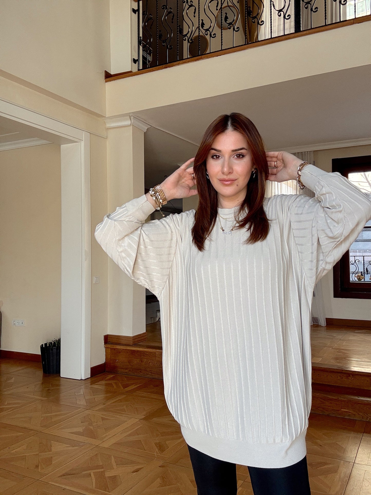 Şerit detaylı oversize kazak-BEJ