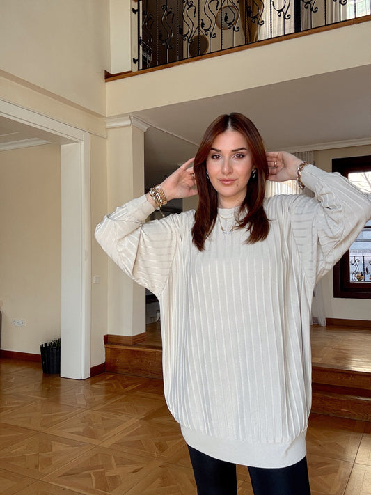 Şerit detaylı oversize kazak-BEJ