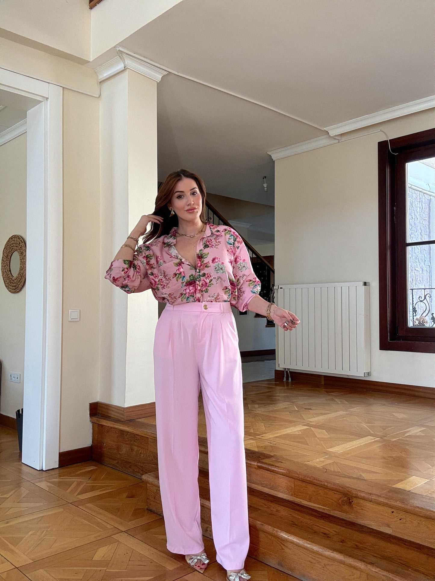 Gold Düğme Premium Palazzo Pantolon Pembe
