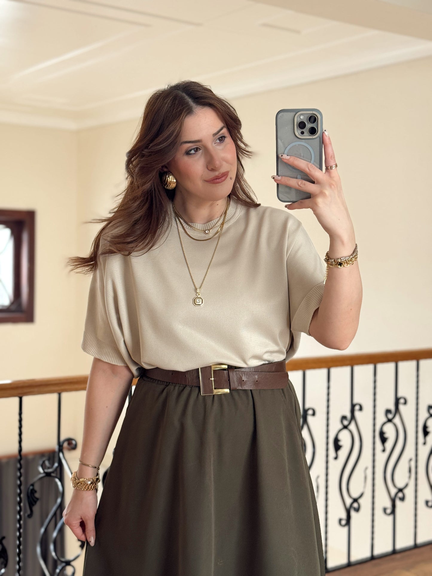 Kısa Kollu Oversize Triko Kazak-BEJ