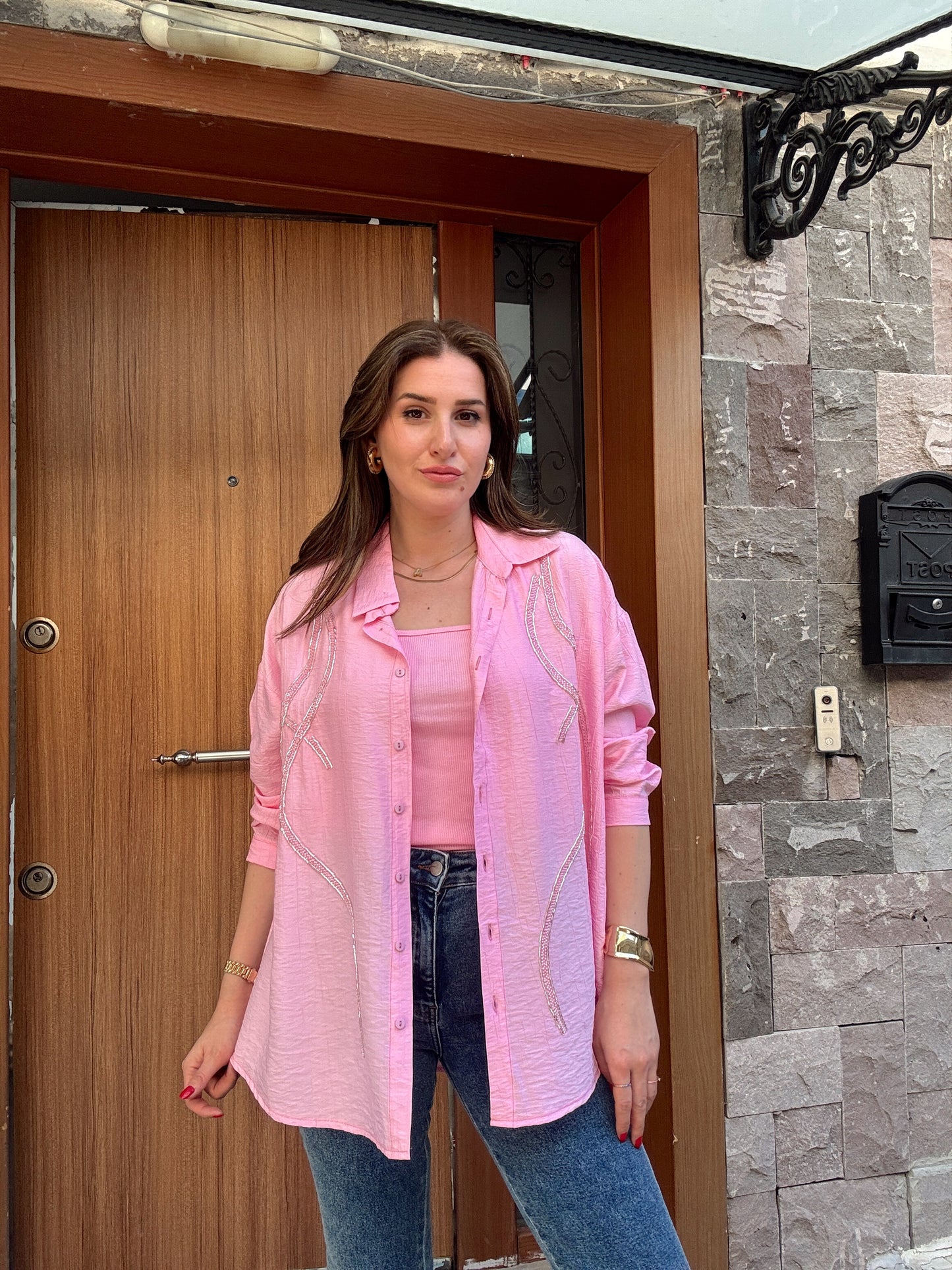 2 Parça Gömlek Atlet Takım Pembe