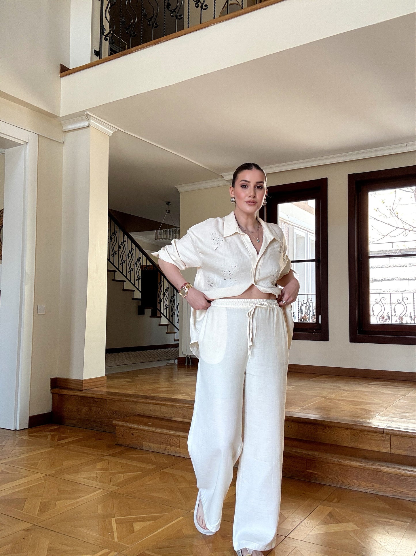 Yumuşak keten beli lastikli pantolon EKRU