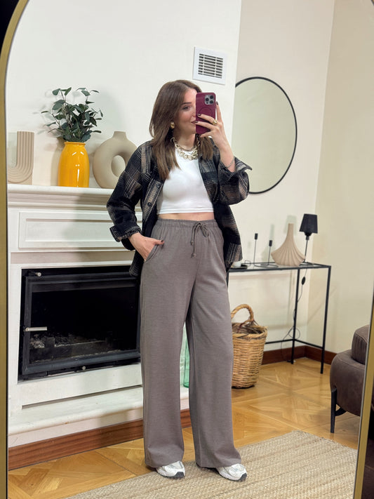 Bağcıklı palazzo pantolon-VİZON