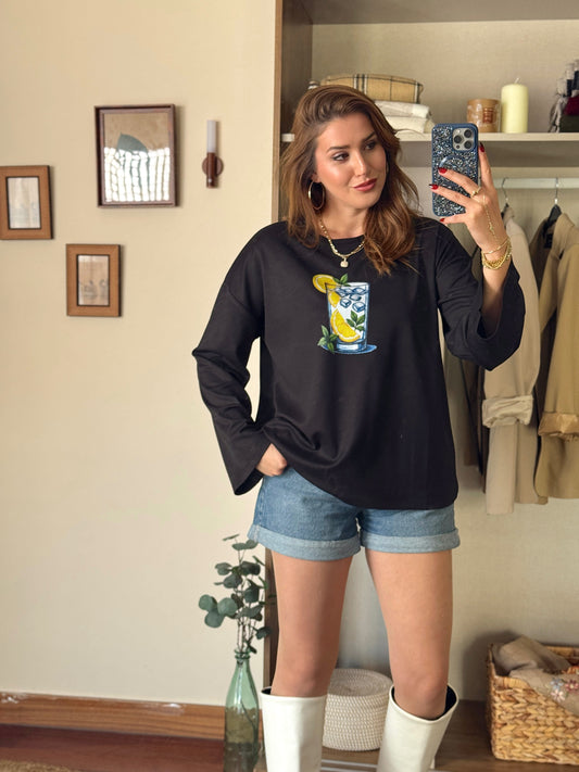 Limon buzlu bardak baskılı oversize modal sweat Siyah