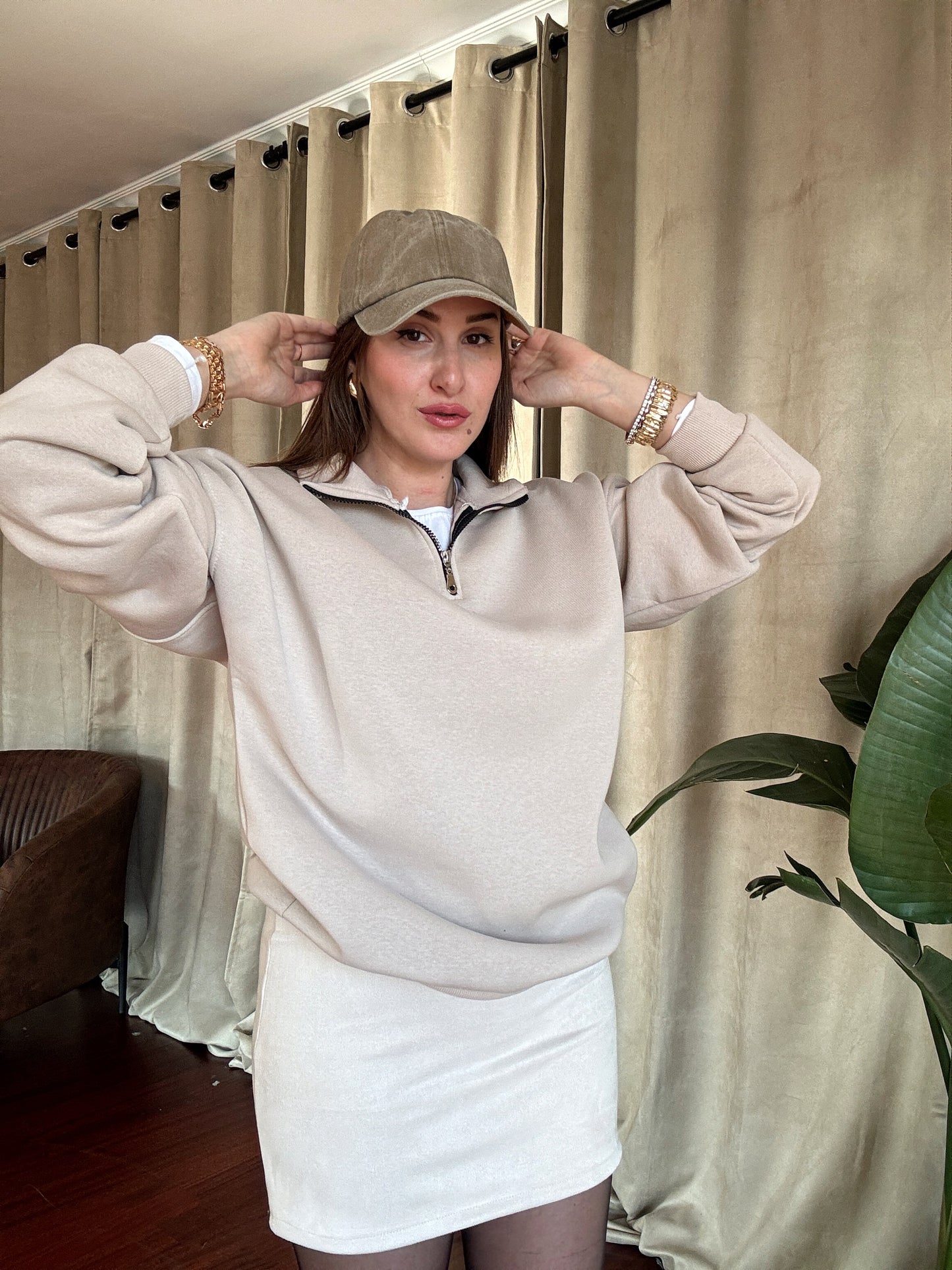 3 İplik Şardonlu Yarım Fermuarlı Sweatshirt - TAŞ