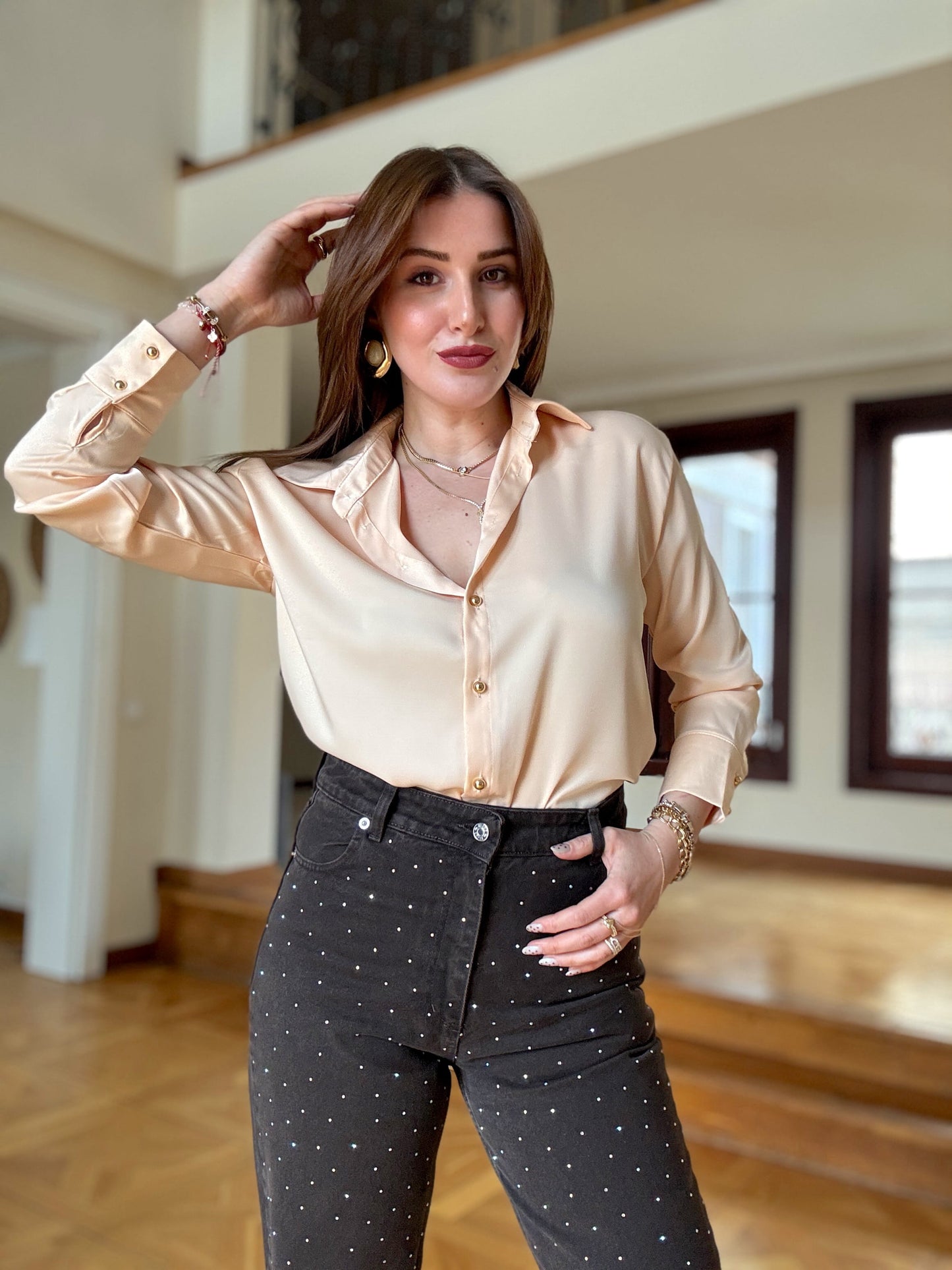 Gold düğme Saten gömlek somon