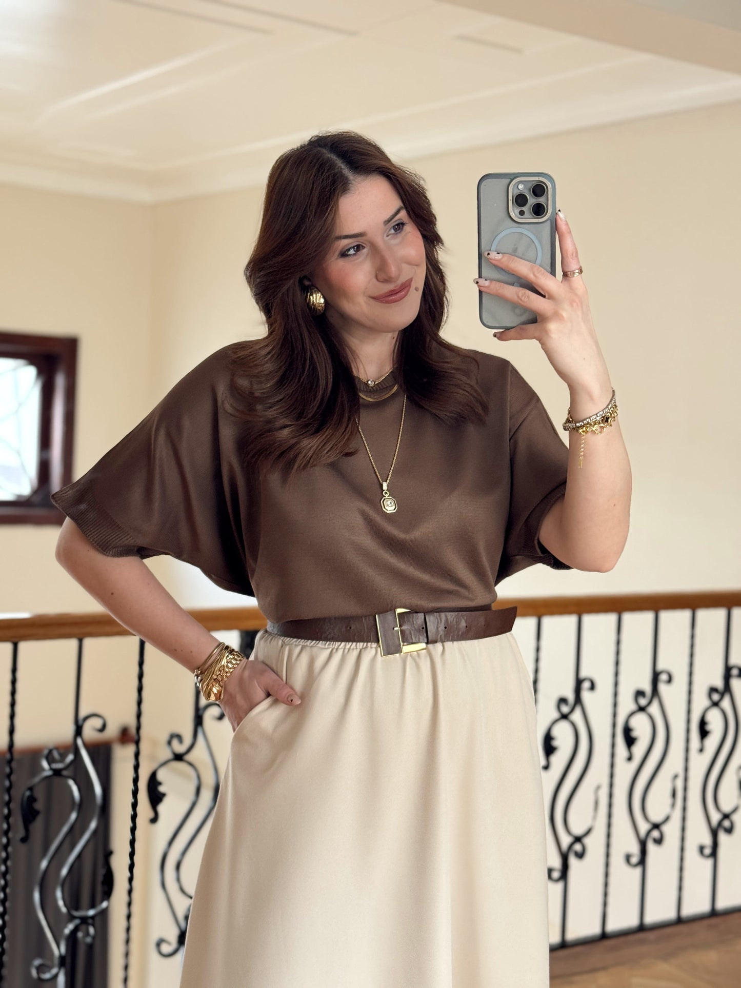 Kısa Kollu Oversize Triko Kazak-KAHVERENGİ