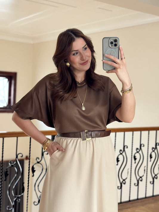 Kısa Kollu Oversize Triko Kazak-KAHVERENGİ