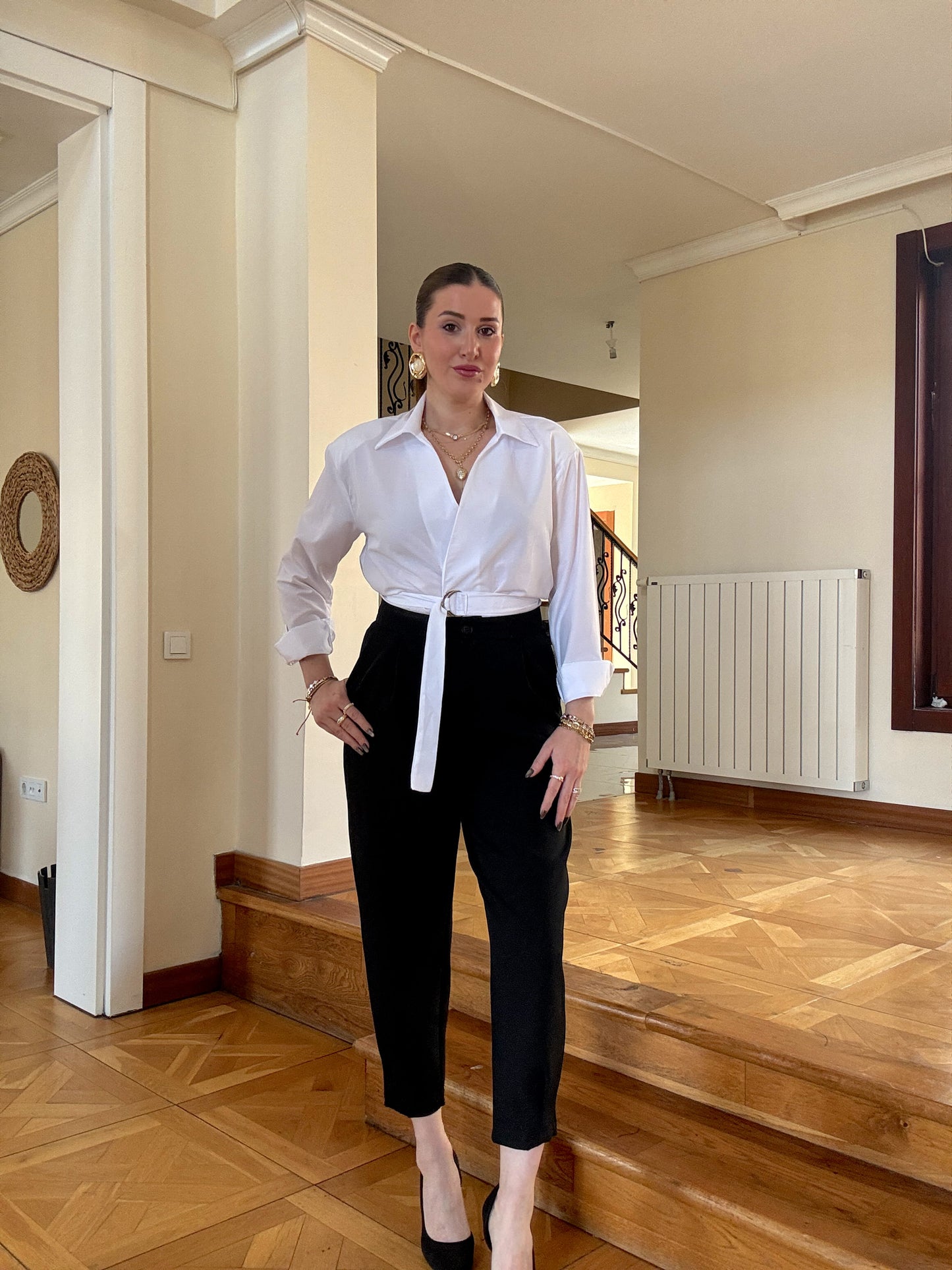 Paça dikişli yüksek bel şalvar pantolon SİYAH