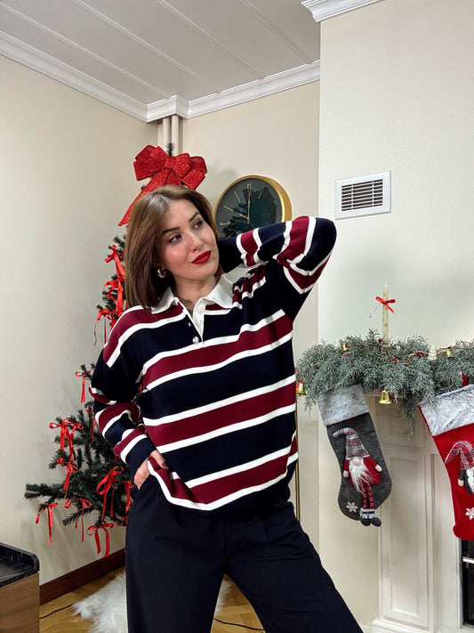 Düğmeli polo yaka triko kazak BORDO-LACİVERT