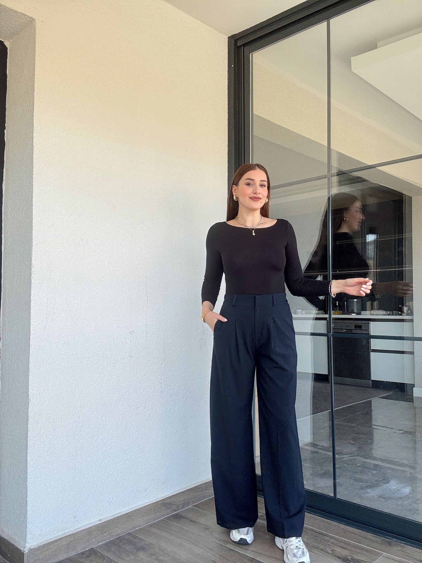 Çıtçıt detaylı palazzo pantolon-LACİVERT