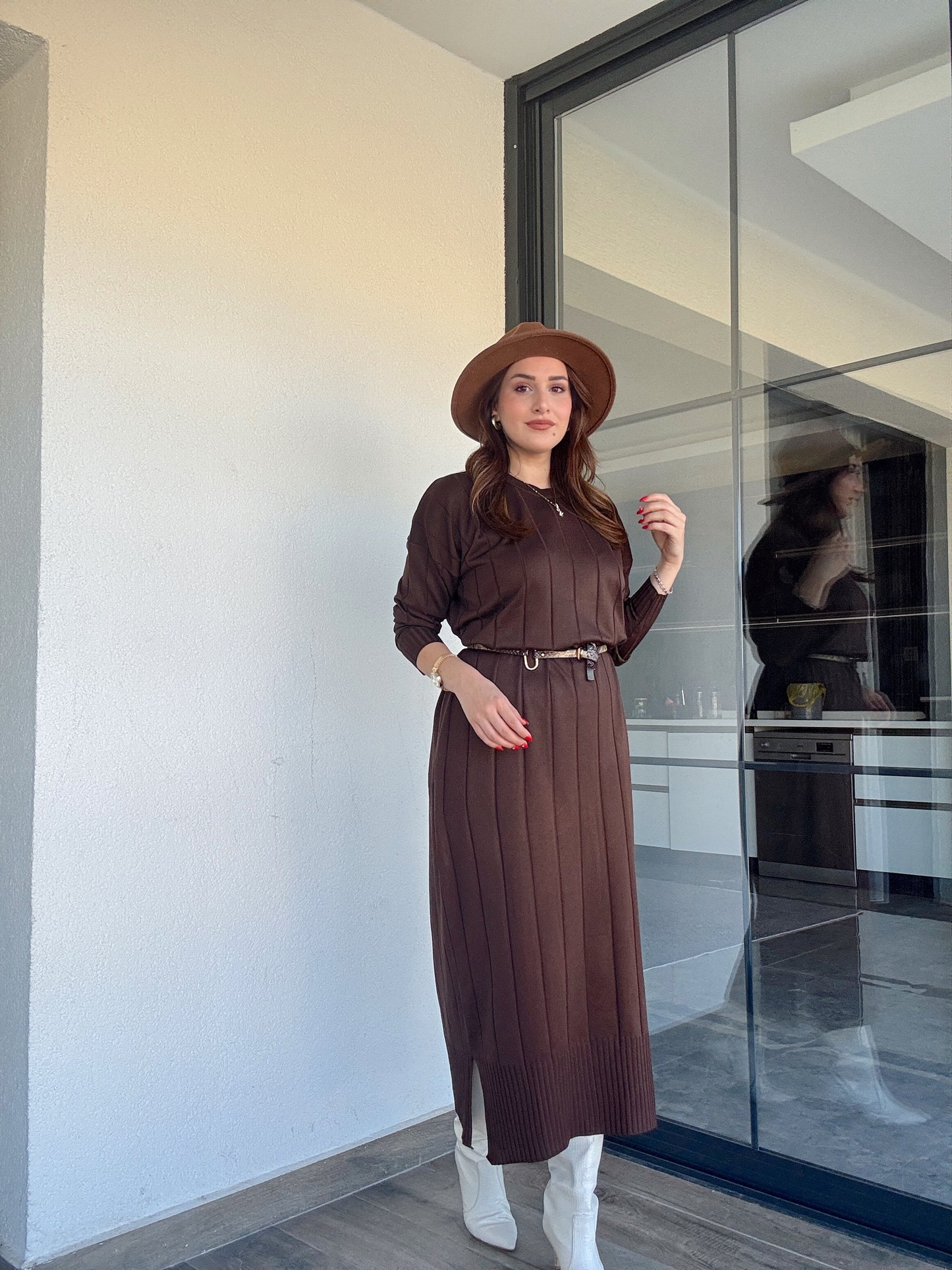 Şerit detaylı uzun triko elbise KAHVERENGİ