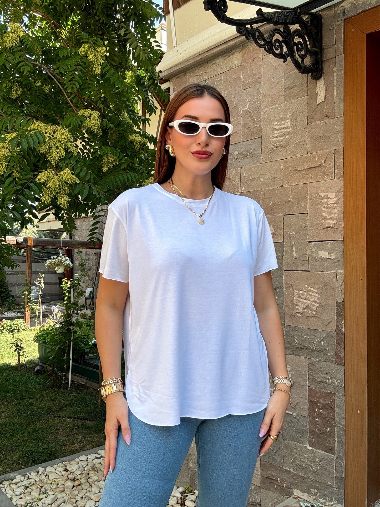 Tensel kumaş yırtmaçlı oversize tişört Beyaz