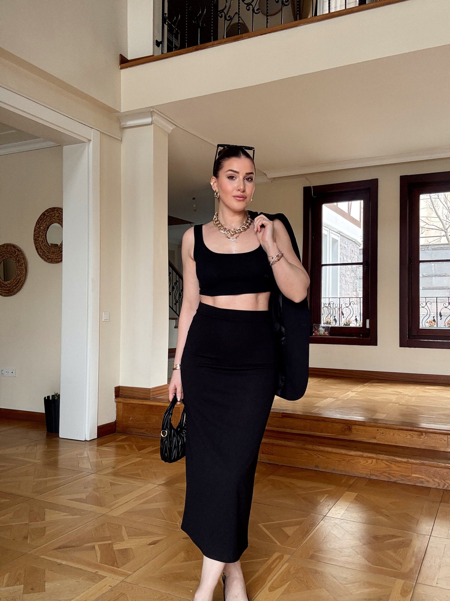 Dalgıç kumaş kalem Etek-SİYAH