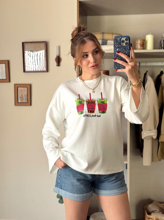 Leopar Coffe  Modal sweat Beyaz
