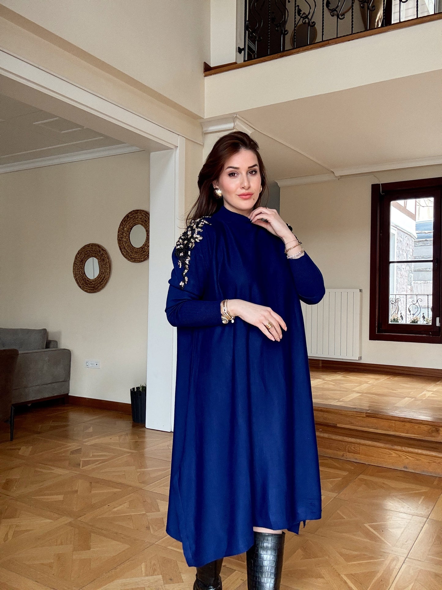 Omuz aksesuarlı tunik elbise -SAKS MAVİ