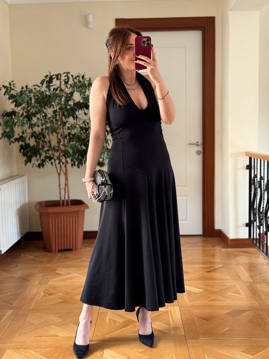 Dalgıç kumaş boyun geçme elbise-SİYAH