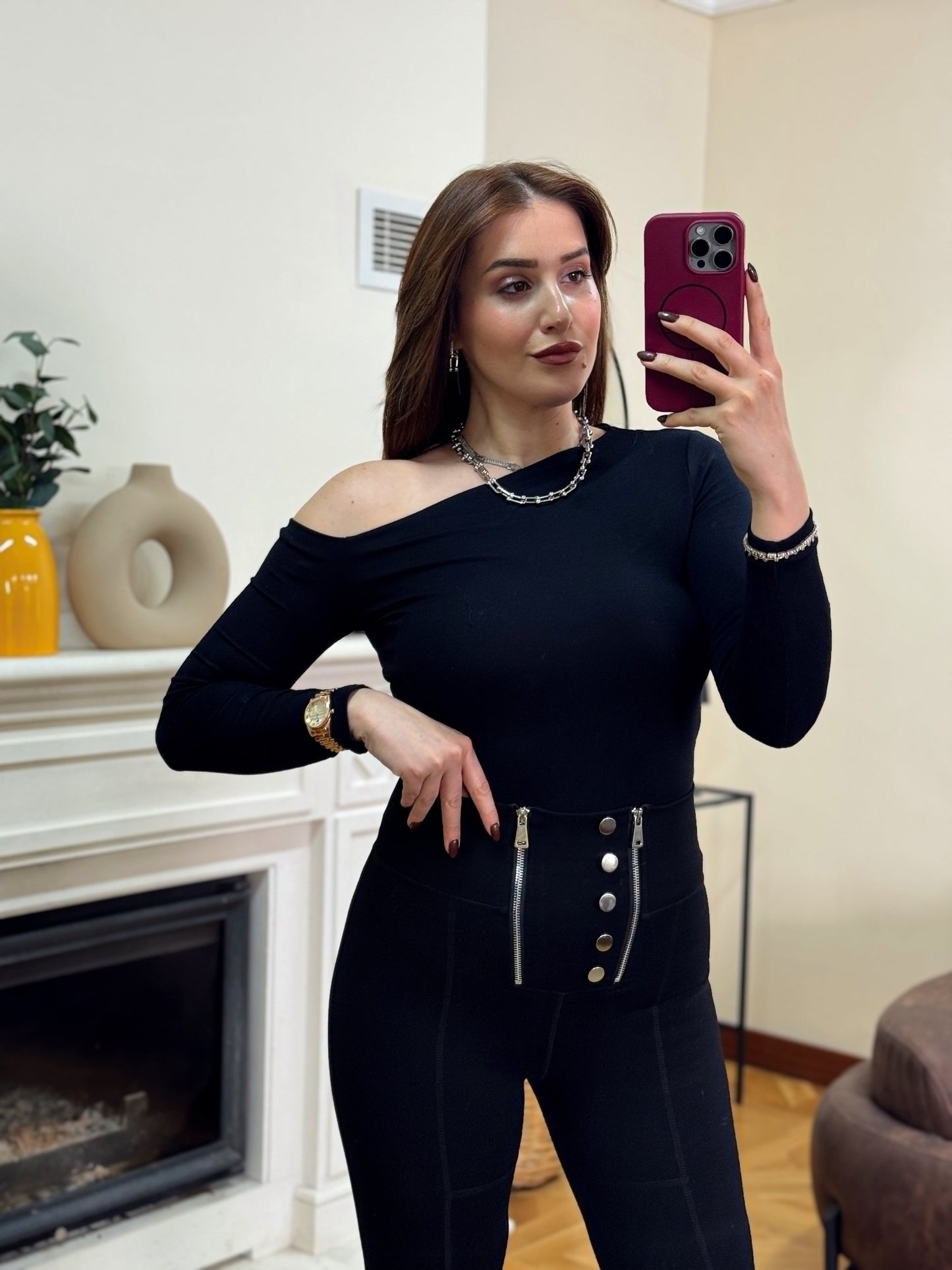 Tek omuz kayık yaka uzun kol badi-SİYAH