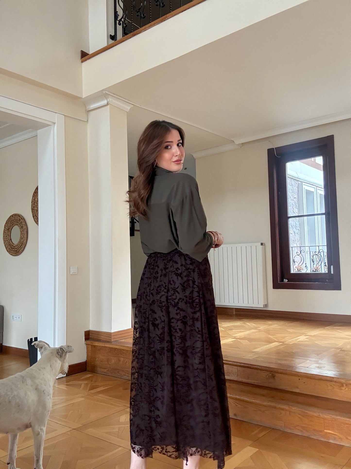 Dal desen astarlı şifon etek Kahve