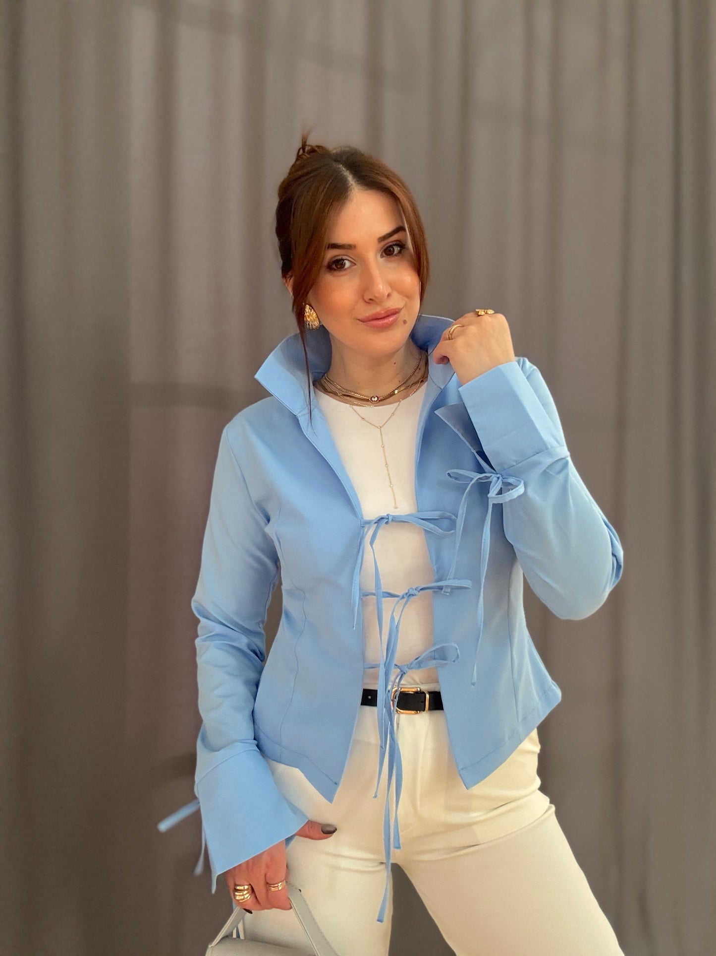 Bağlama Detaylı Bluz-MAVİ