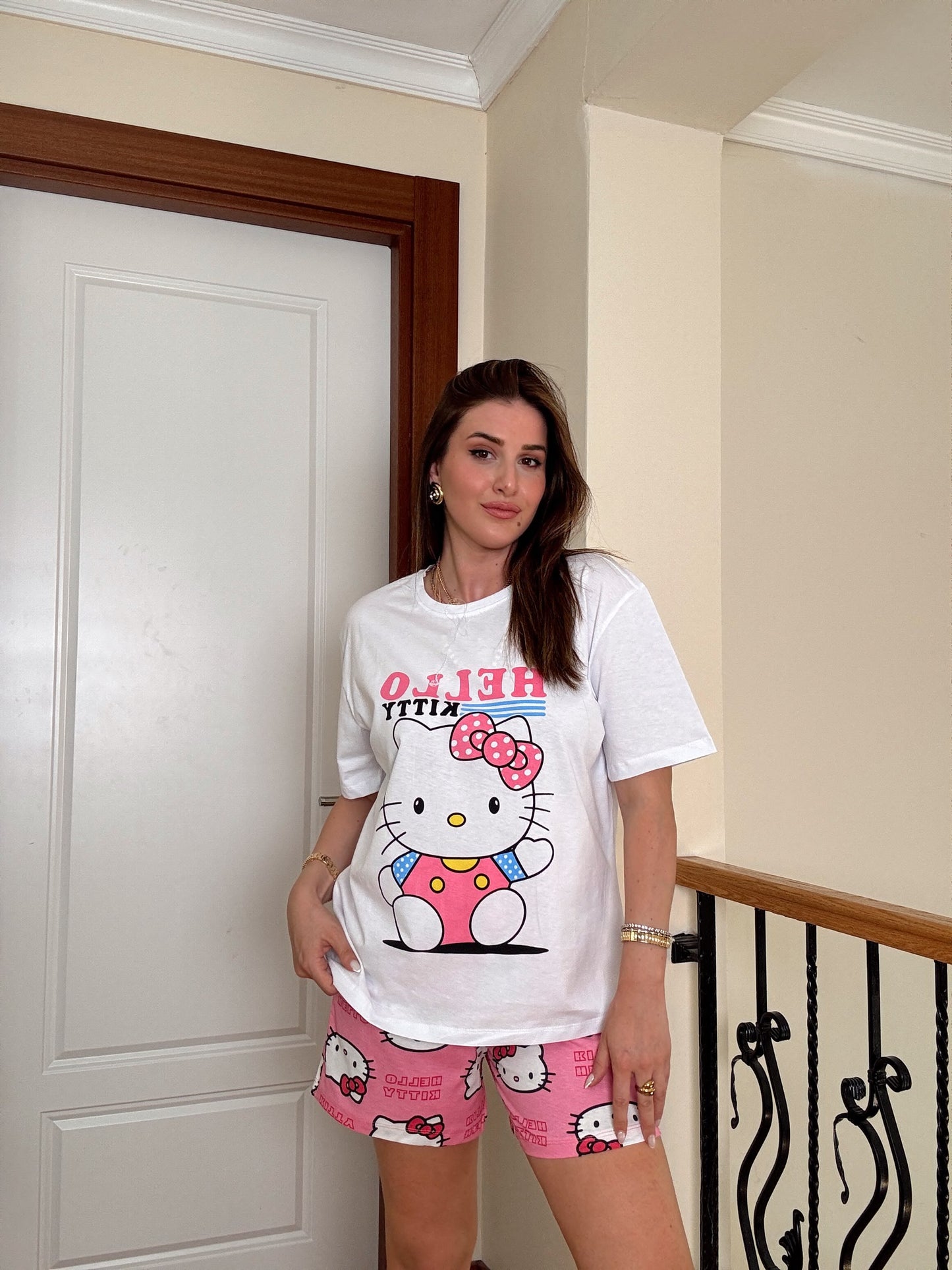 Hello Kitty Baskılı Pijama Takımı Beyaz