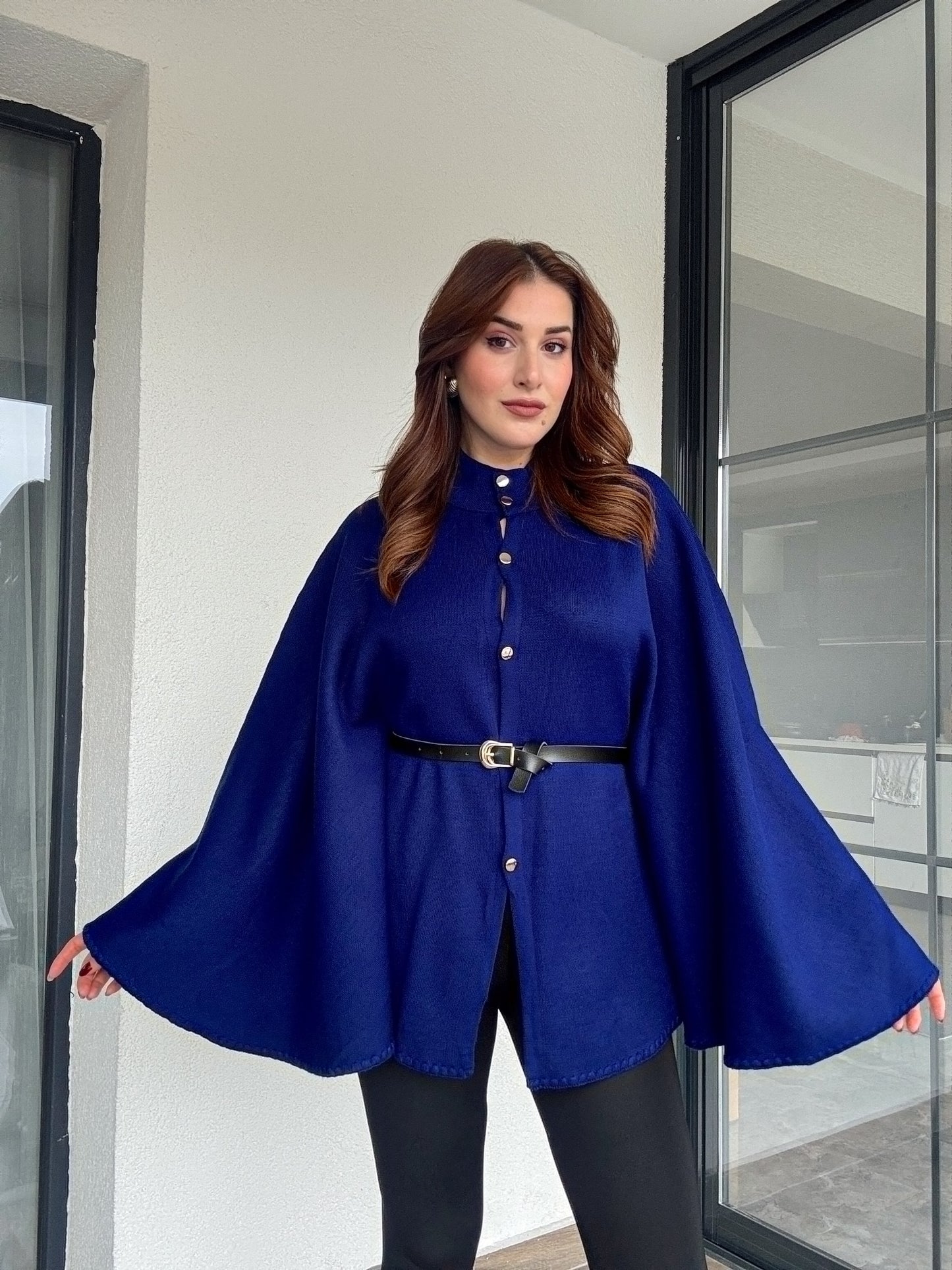 Kemerli düğmeli panço-Saks mavi