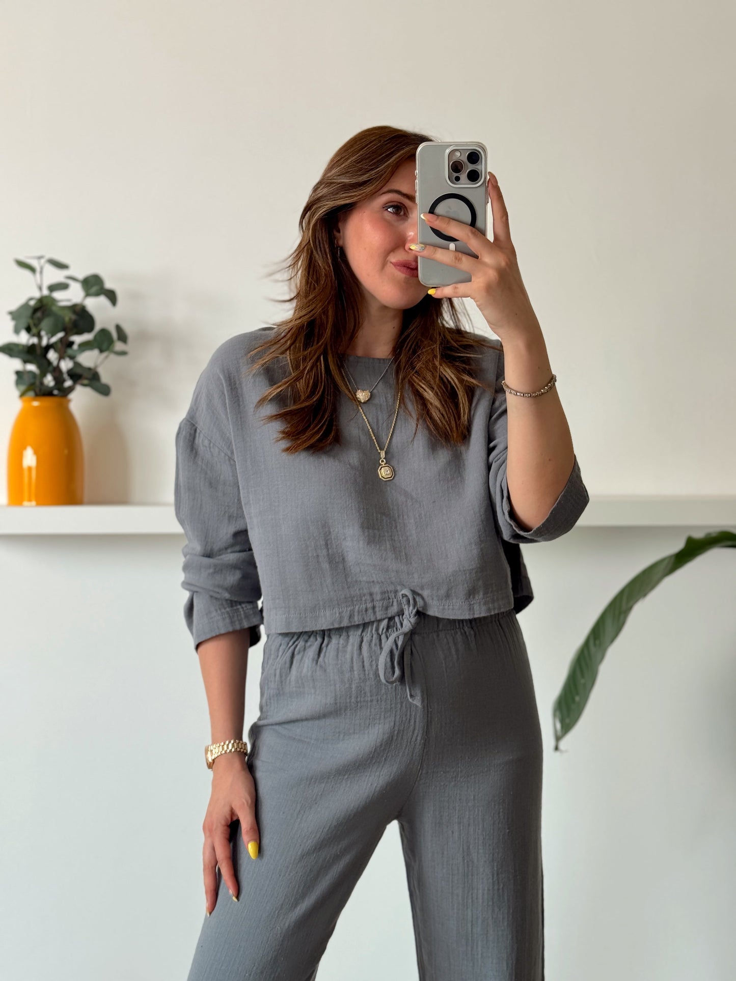 Keten uzun kol crop pantolon ikili takım GRİ