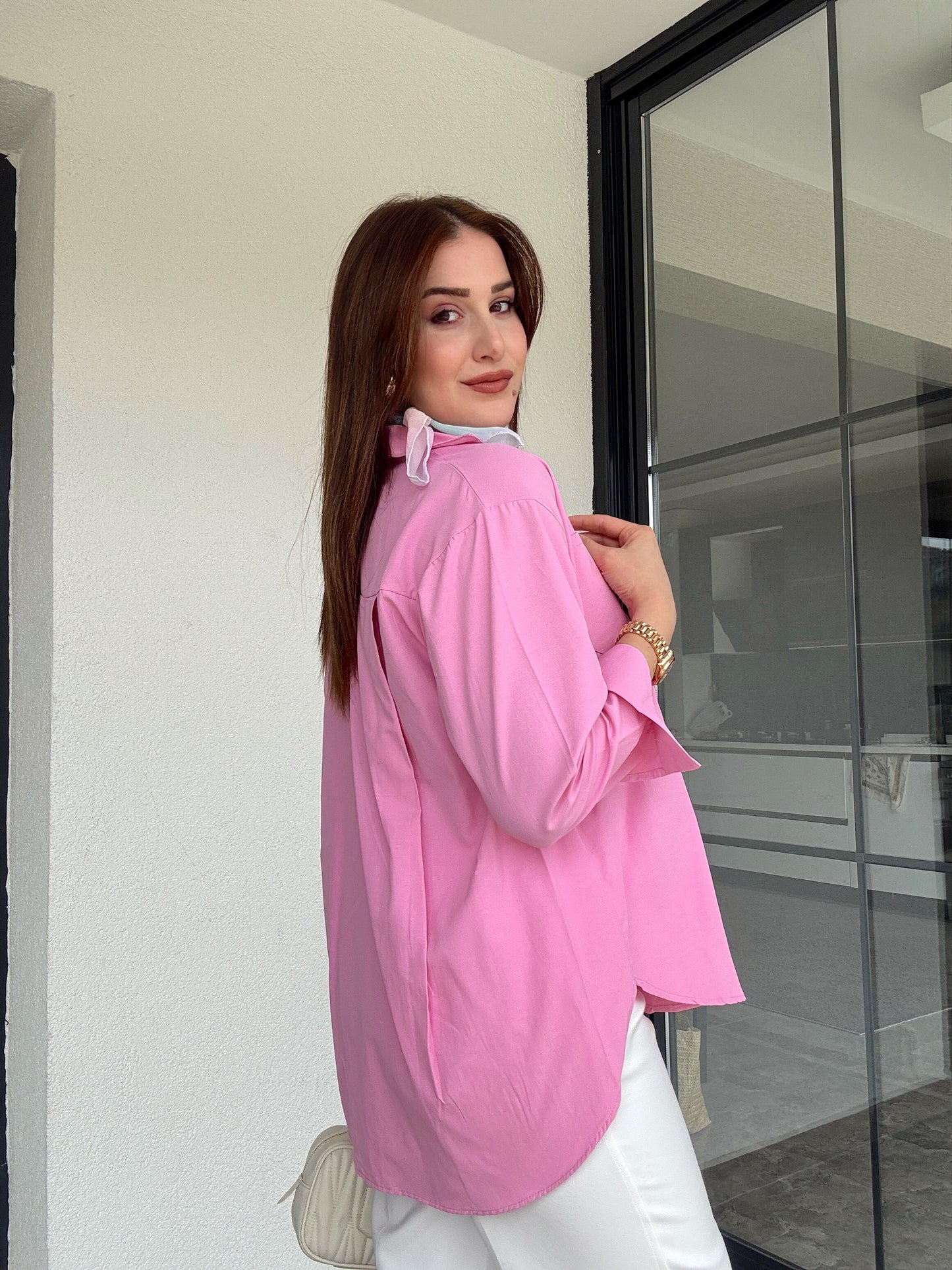 Uzun kol basic gömlek-PEMBE