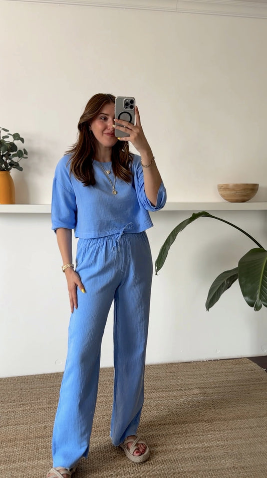 Keten uzun kol crop pantolon ikili takım MAVİ