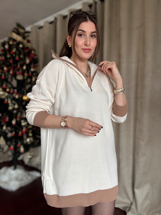 Yaka Renkli Fermuarlı Triko Kazak - LATTE CAMEL