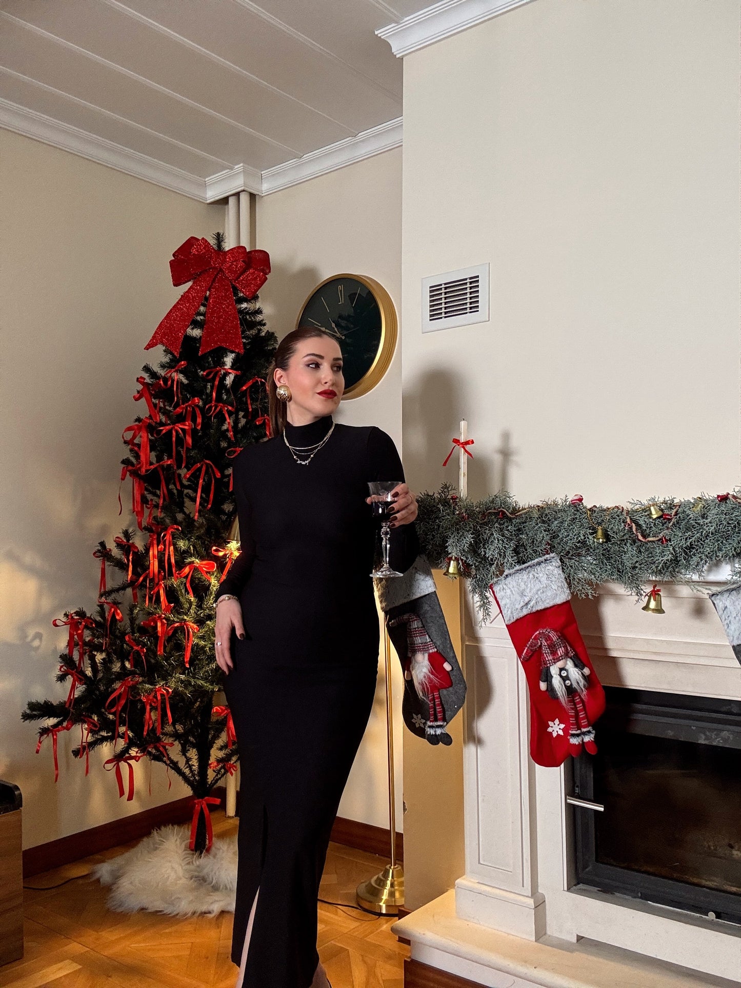 Yarım boğaz uzun kollu elbise-SİYAH