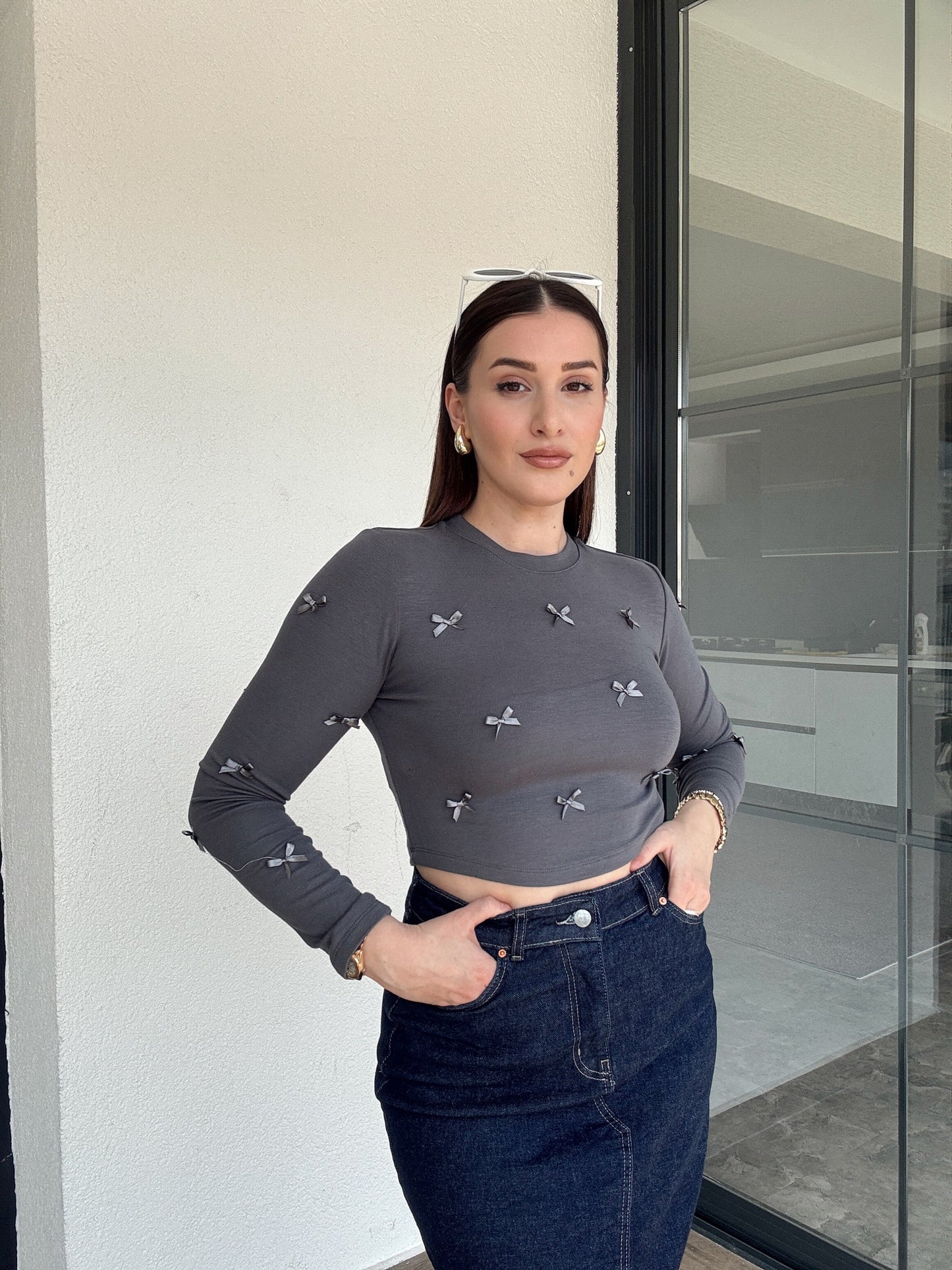 Fiyonklu Crop Bluz GRİ