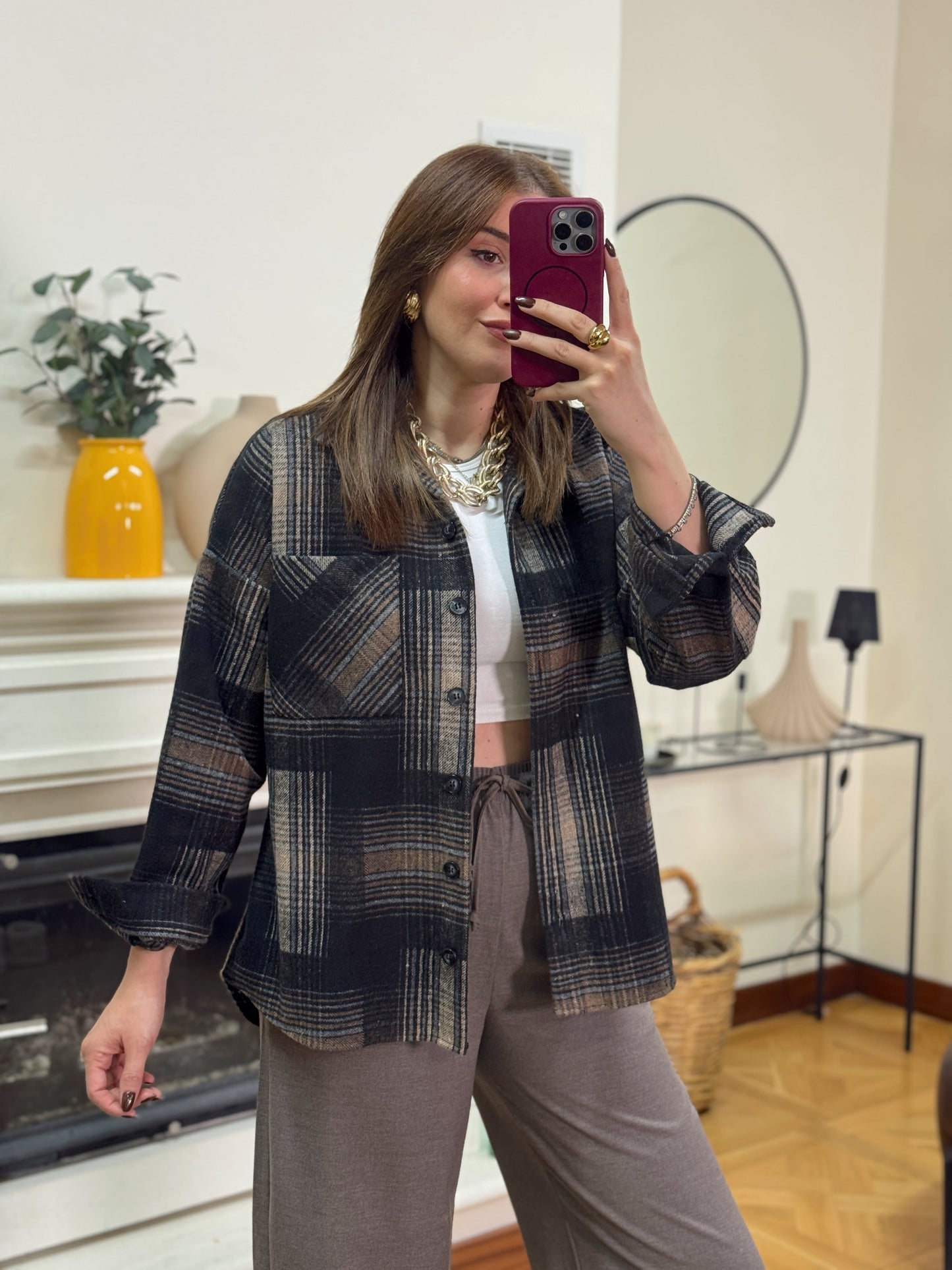 Ekose desen tek cepli gömlek VİZON