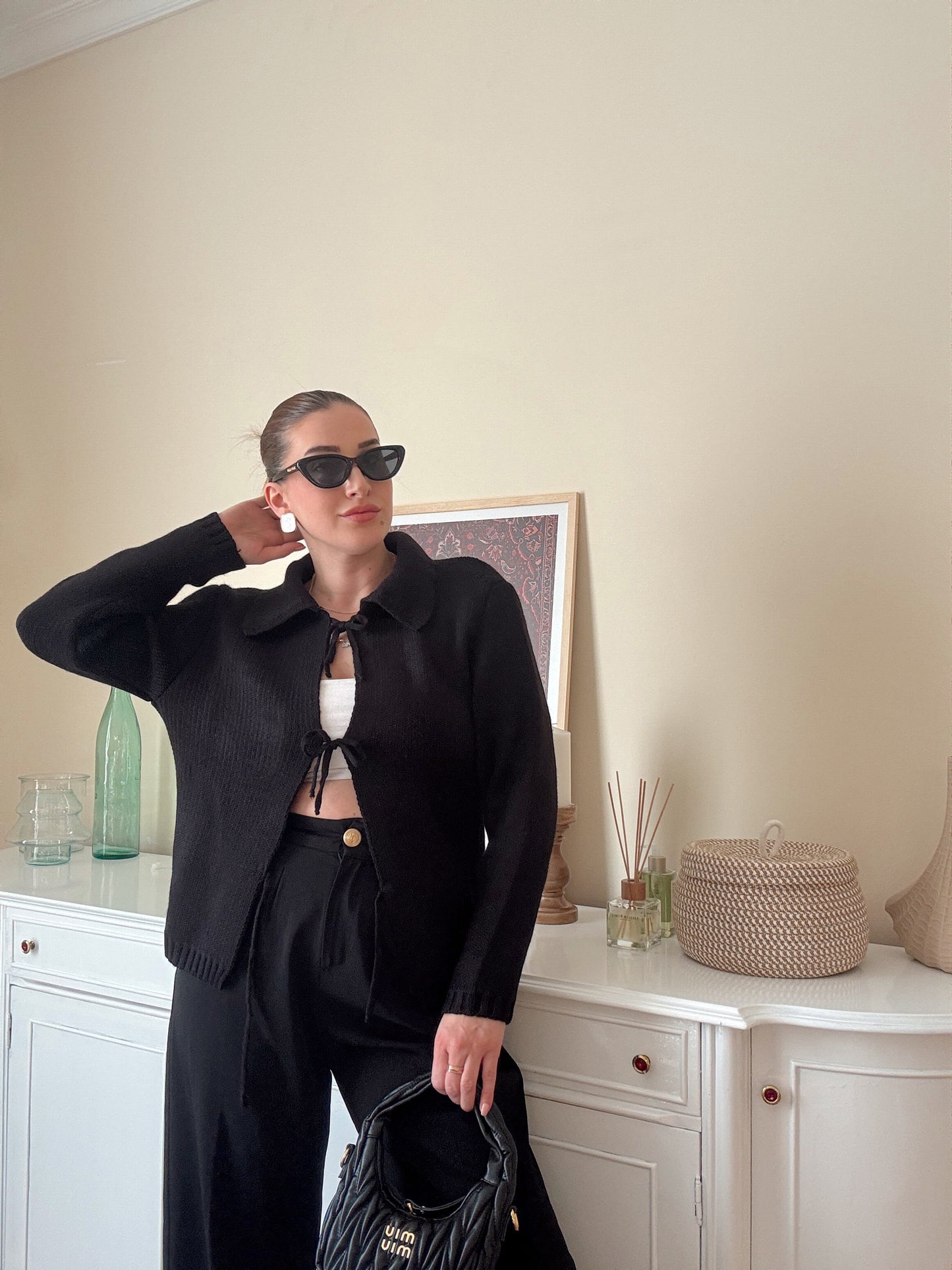 Bağcıklı triko ceket-SİYAH