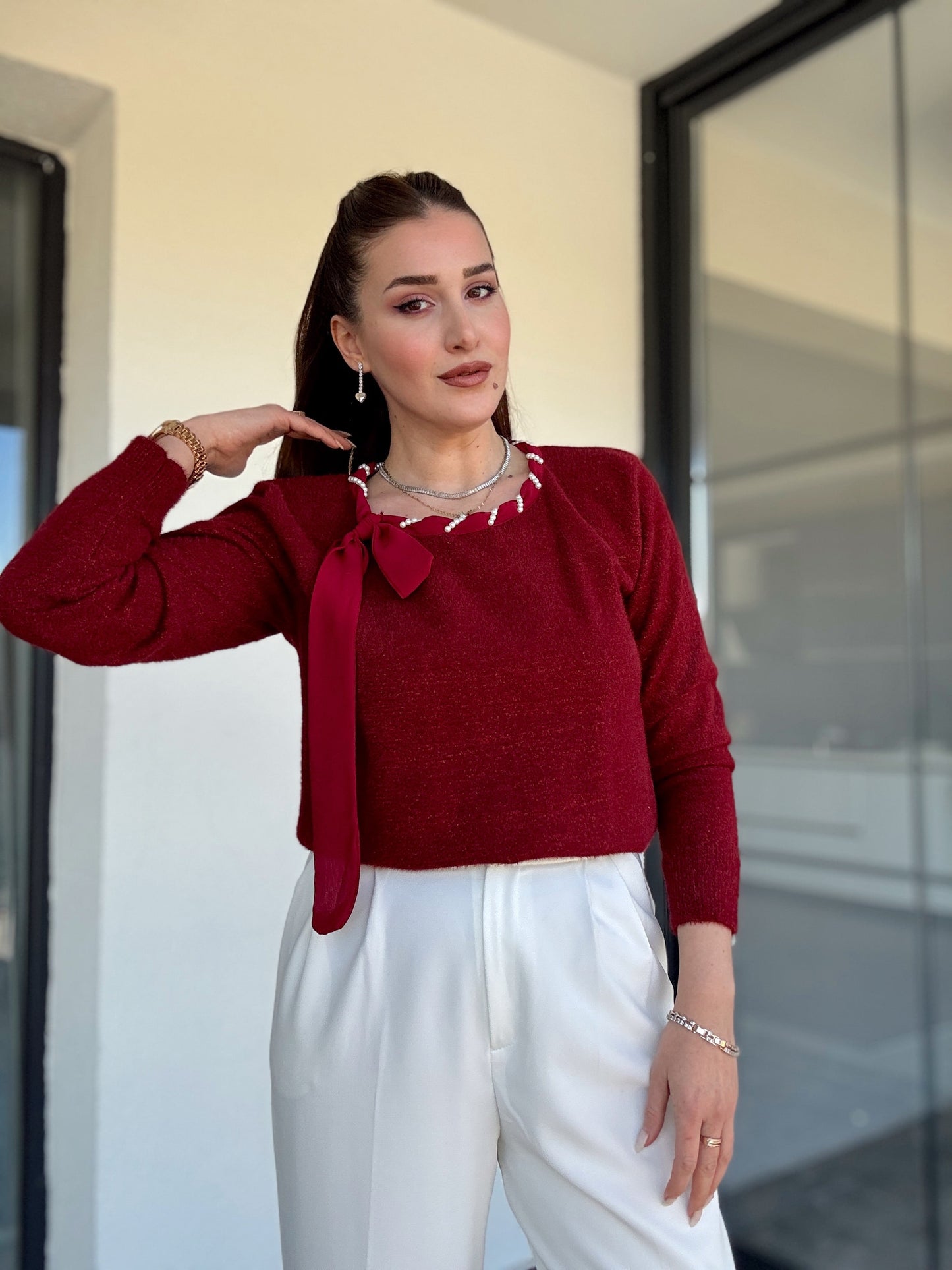 Yaka inci detaylı SİMLİ kazak BORDO