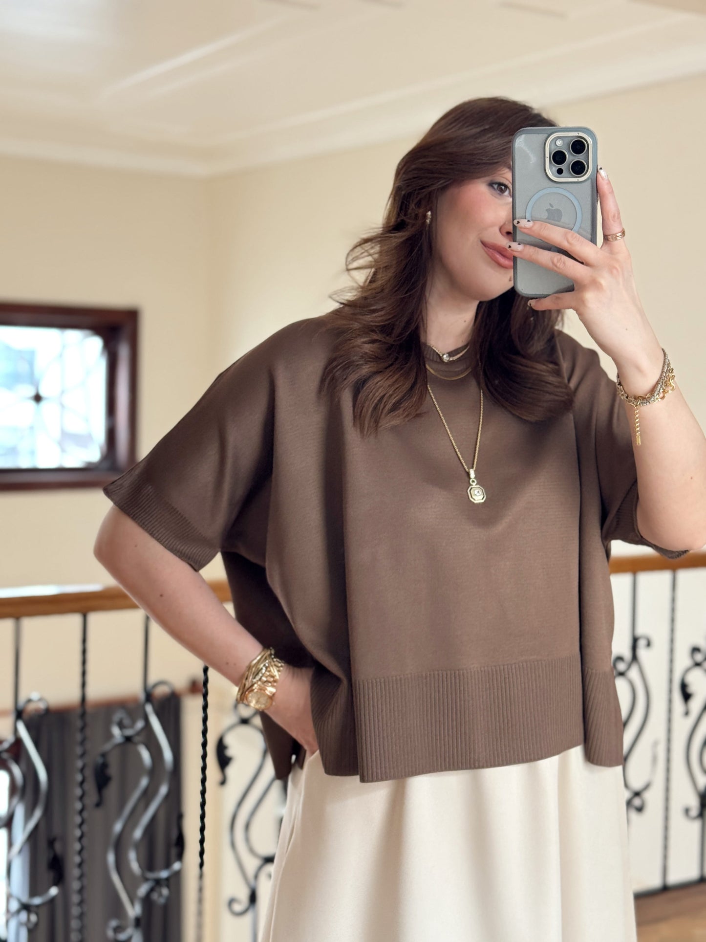 Kısa Kollu Oversize Triko Kazak-KAHVERENGİ