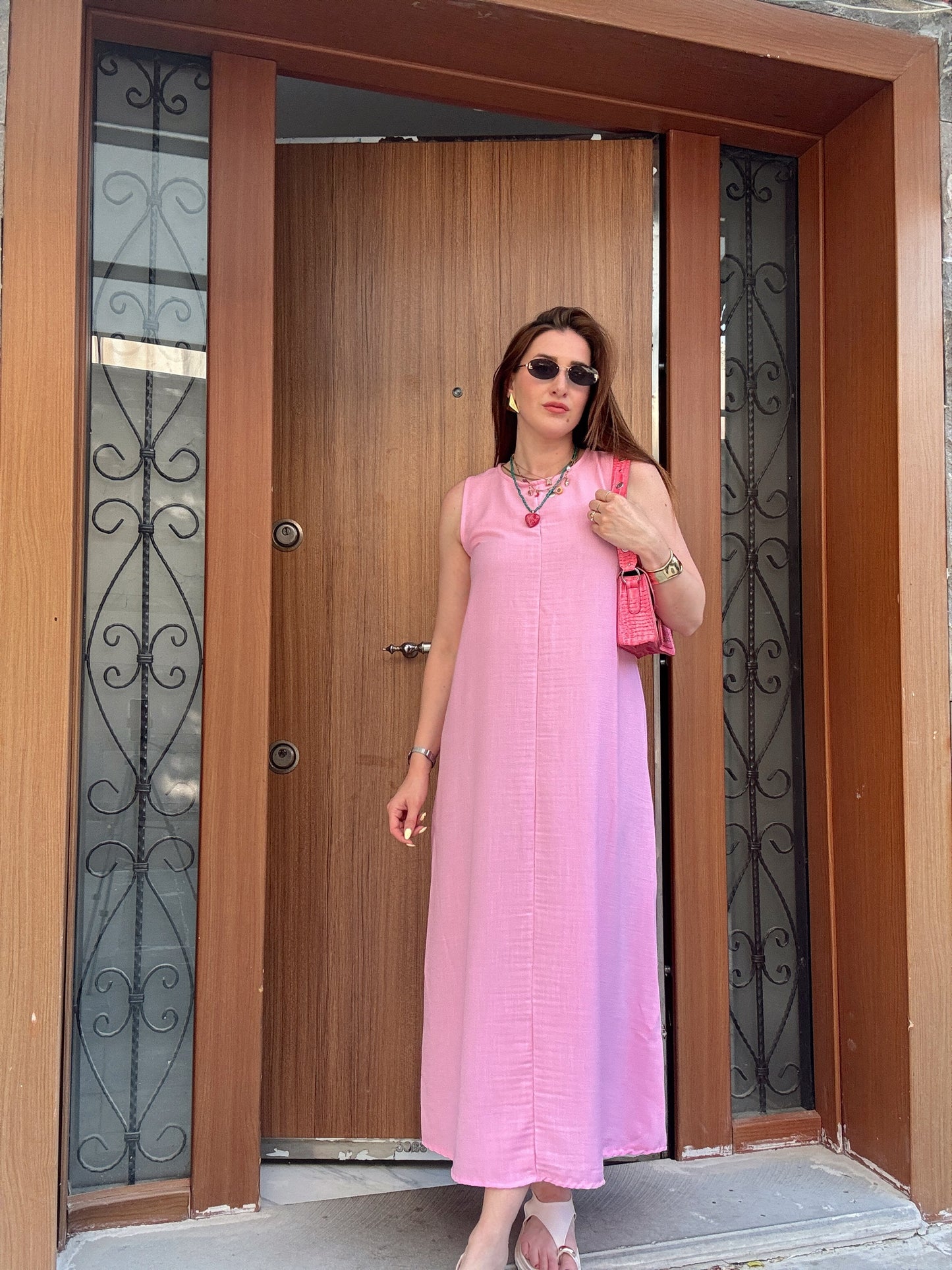 Bisiklet Yaka Düğmeli Keten Elbise Pembe