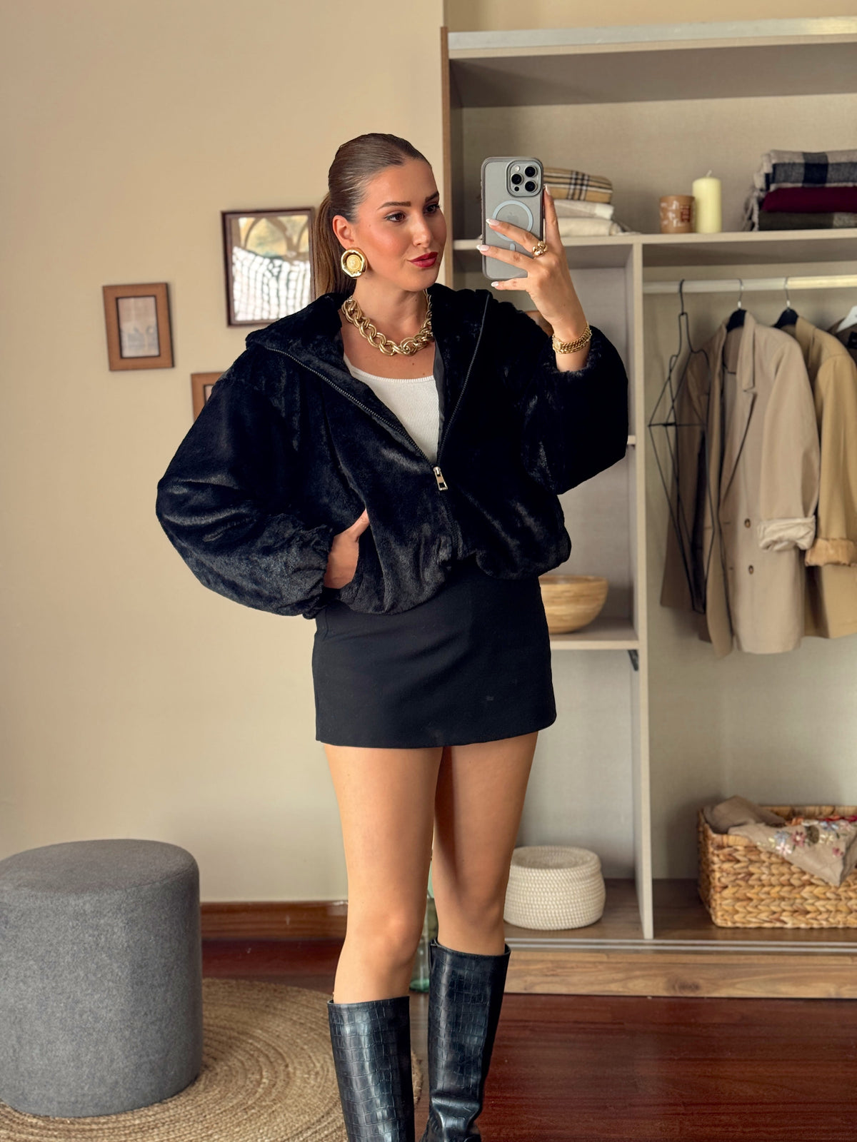 Kapüşonlu Fermuarlı Sakal kumaş Sweatshirt Siyah